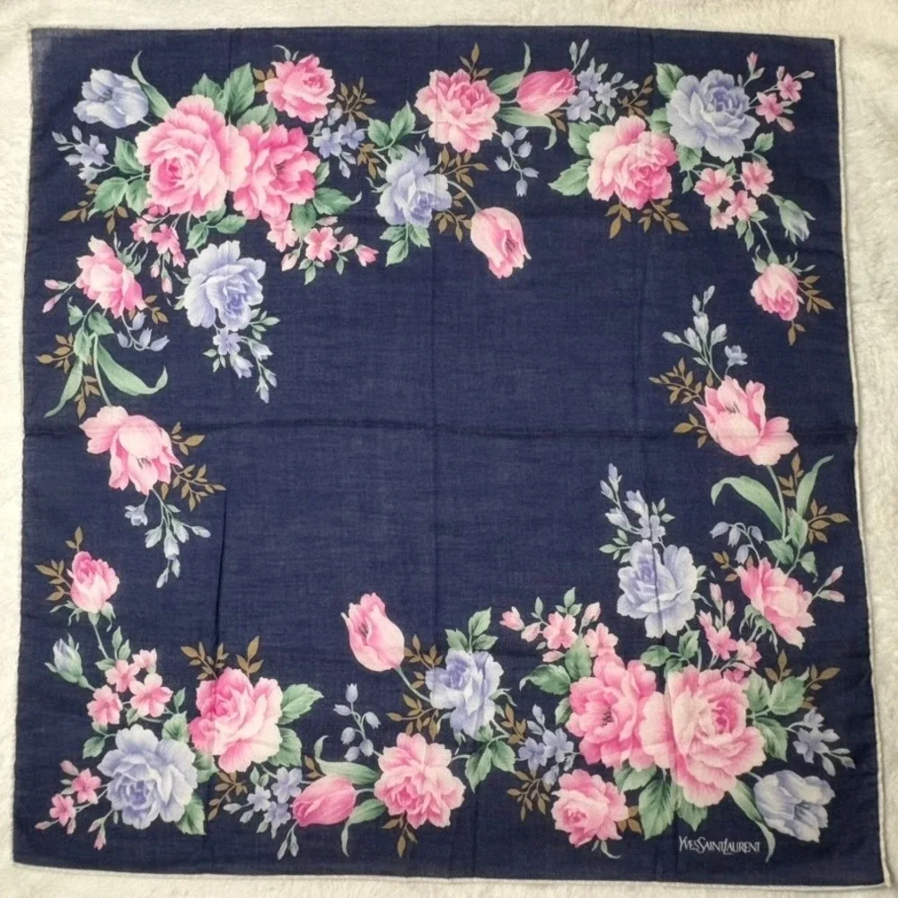 Vtg YVES SAINT LAURENT Scarf Handkerchief Floral Navy Blue Pink 18.5